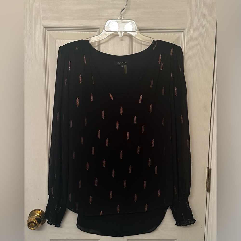 1 State smocked sleeve V-neck copper foil leaf pattern